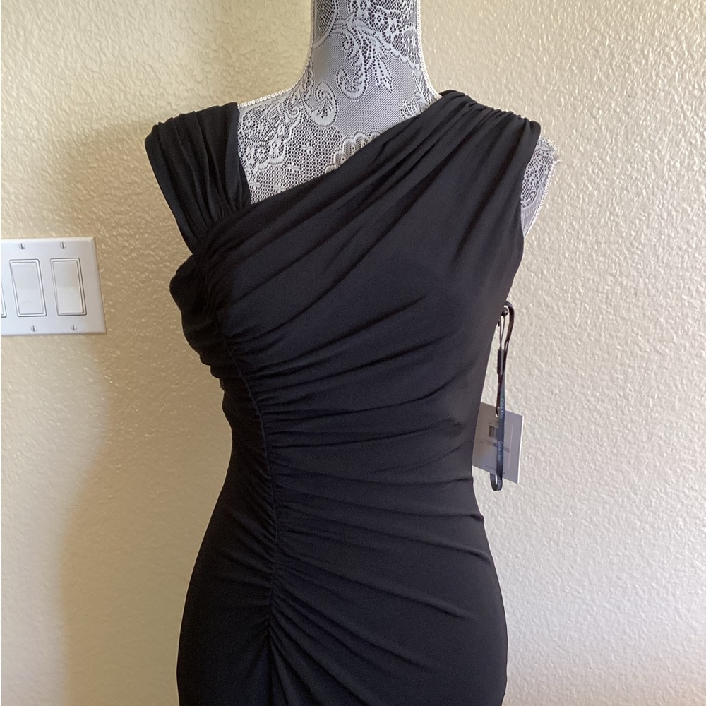 NWT Calvin Klein Black Asymmetrical Ruched Jersey Long Gown - Picture 3 of 15